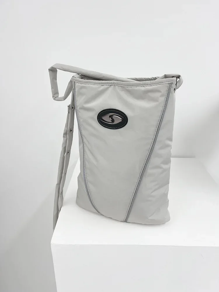 

Reflective Strip Original Design Tide Bag Women College Style Gray Labeling Lightweight Laminated Cotton Bucket Crossbody Bag