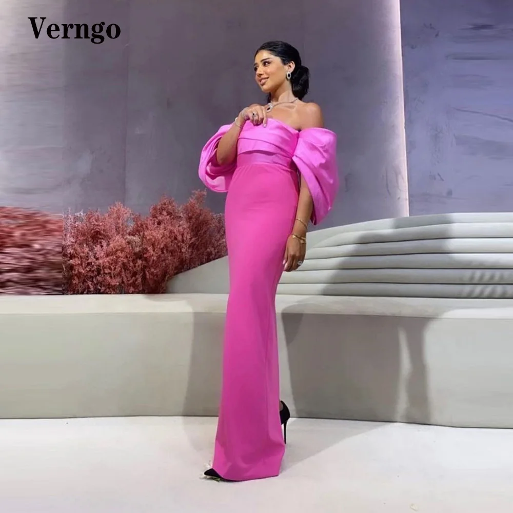 

Verngo Pink Satin Evening Dresses Off the Shoulder Sleeves Sheath Simple Prom Dress Formal Party Gowns Saudi Arabic Women Outfit