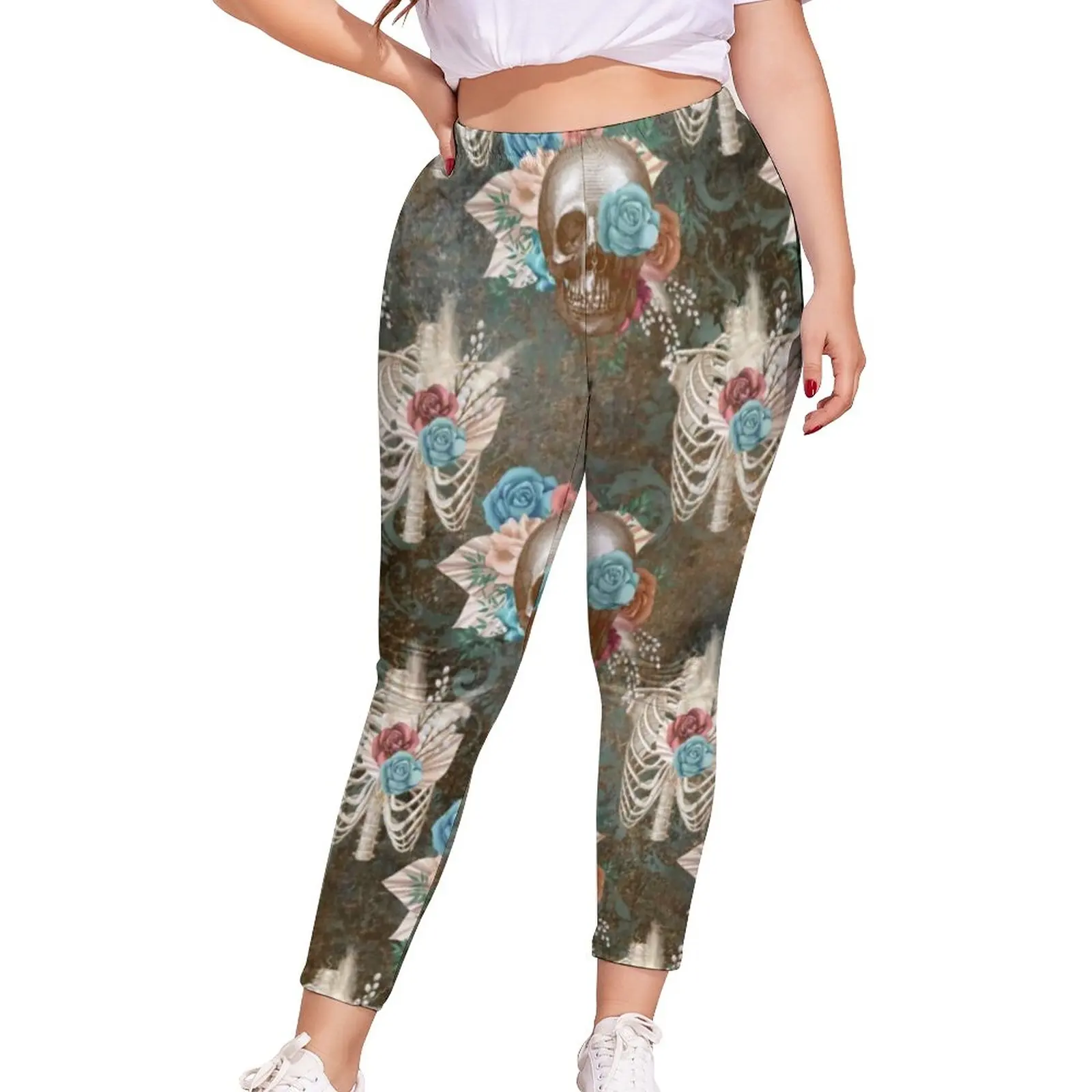 

Skeleton Hippie Leggings Skull with Roses Flower Print Pattern Legging Sweet Teen Pushup Fitness Pants