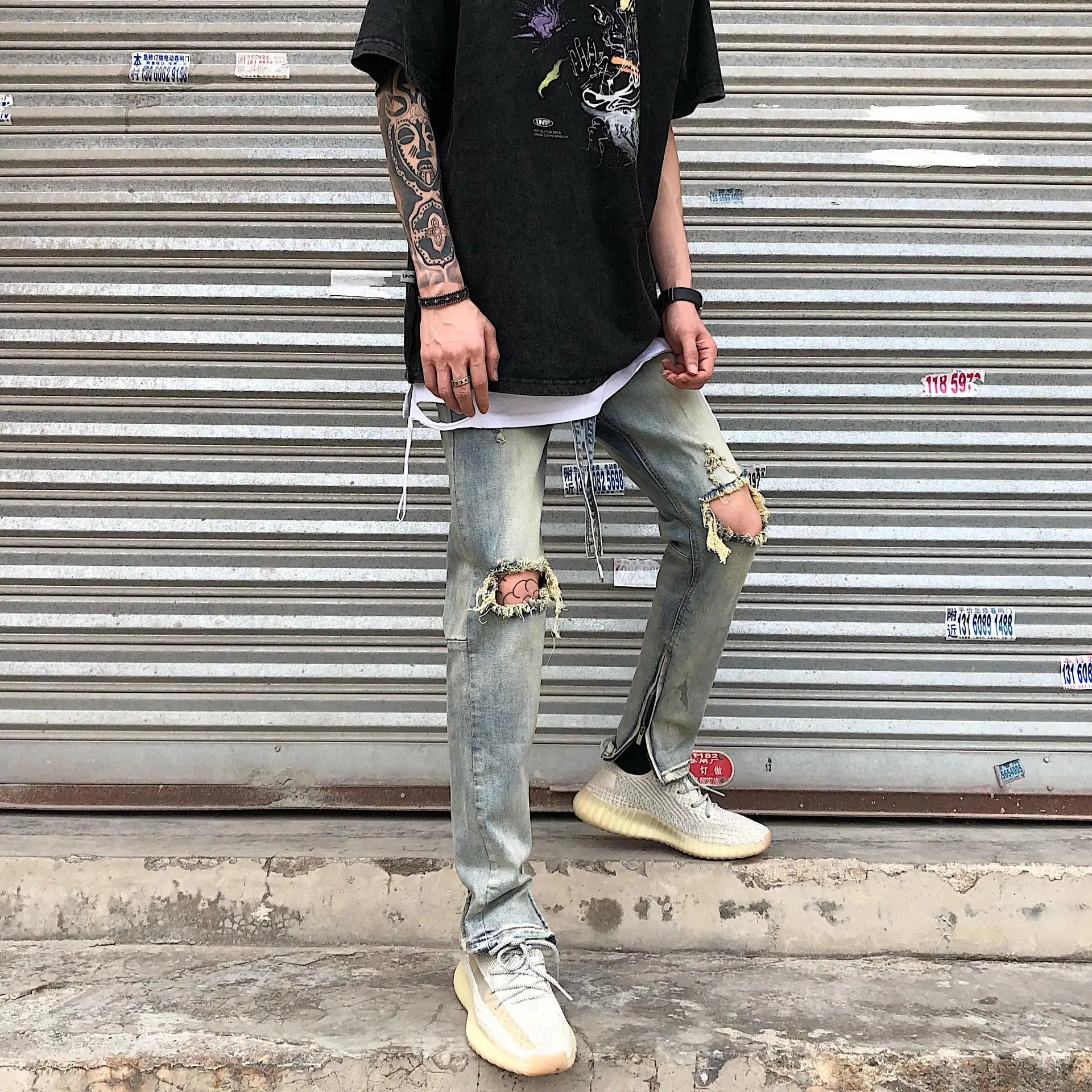 Hip-hop Zipper Jeans Casual Korean Retro Slim Knee Hole Streamer Jeans Wtreetwear Men Denim Pants Pantalones Vaqueros Hombre