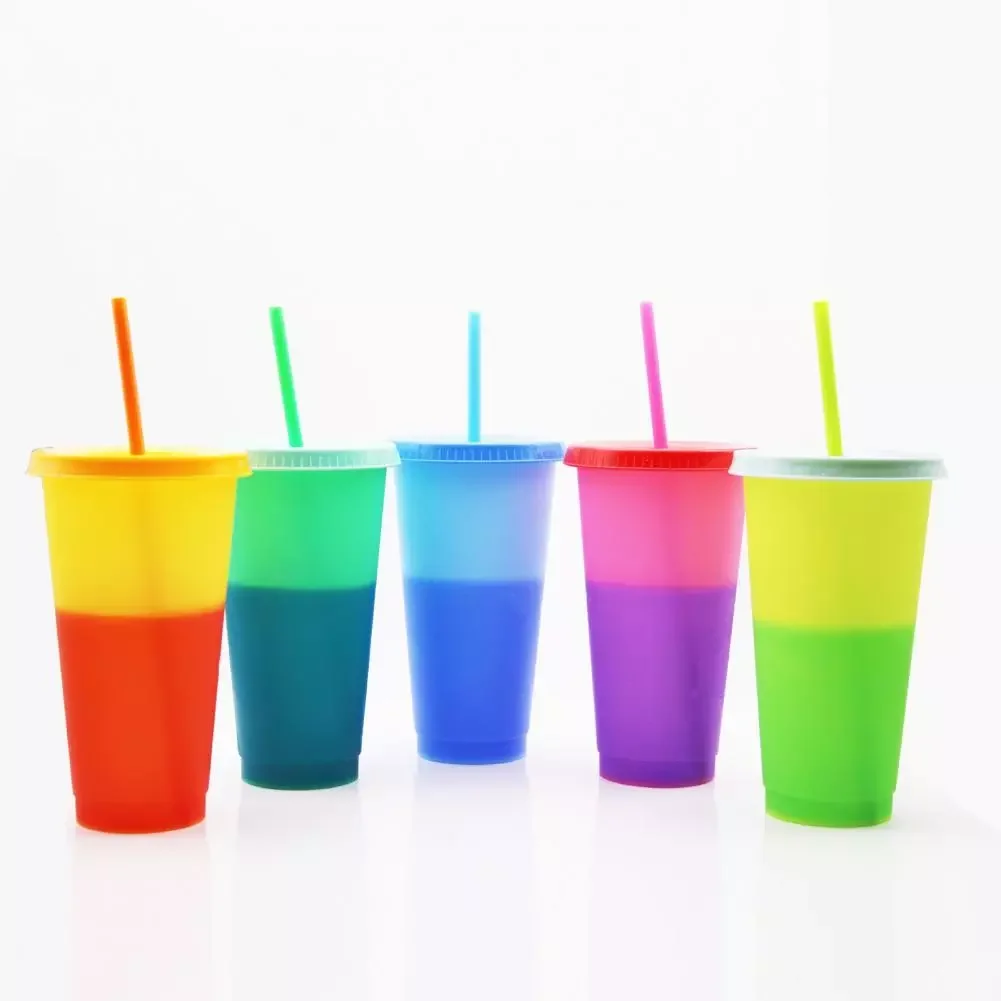 

Discoloration Cup Fixed Ring Heat Insulation No Odor Color Changing Cold Cup with Lid Straw for Home