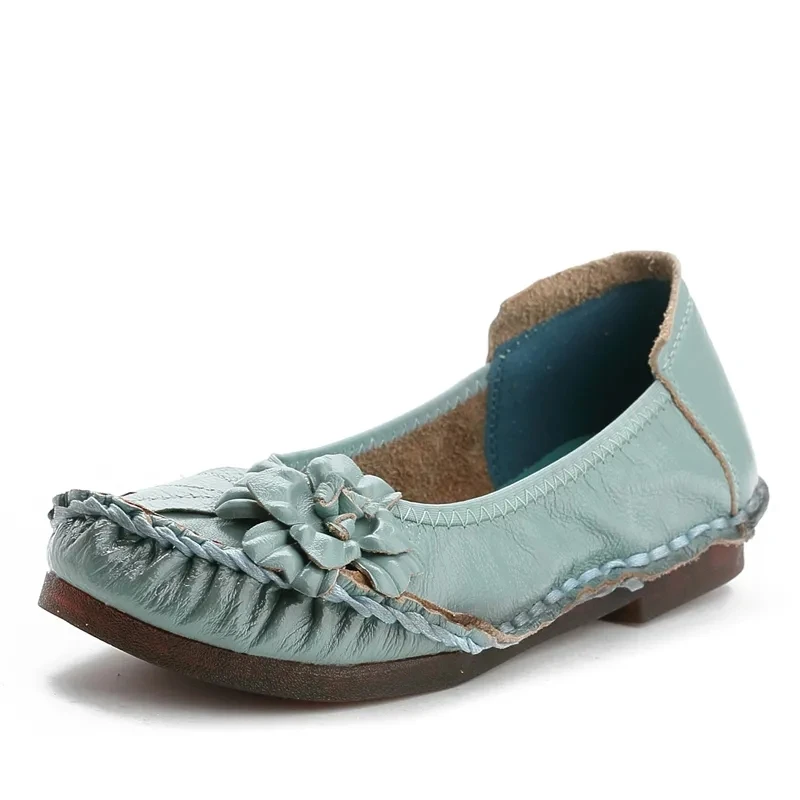 Genuine Leather Summer Shoes Woman Casual Breathable Flats Ladies Ethnic Style Floral Shoes Plus Size 42 Mom Shallow Loafers
