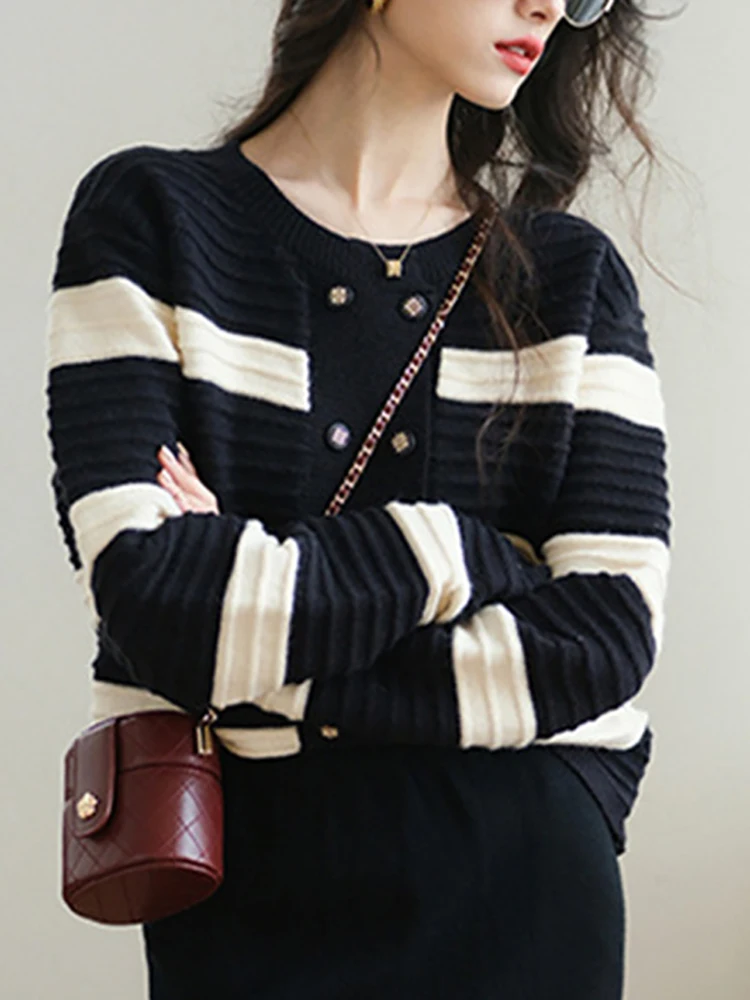 

Striped Cardigan Women Knitted Sweater Ladies Round Neck Long Sleeve Top Female Autumn And Winter Warm Coat Sueter Feminino