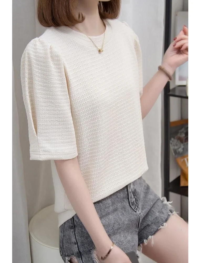 

Doornot oversize Puff Sleeve T-shirts Women summer Loose Short Sleeve Solid Color large Basic Tshirt Folds Tops Female Clothes