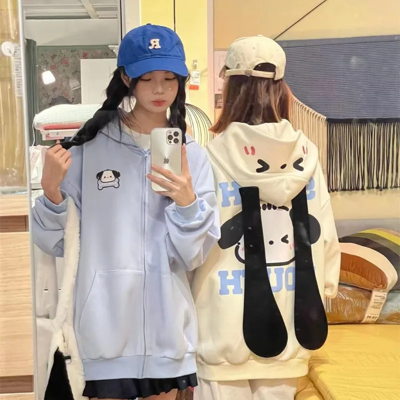 

Sanrio Kawaii Anime Pochacco Sweater Cute Long Eared Puppy Student Autumn Warm Casual Cardigan Hooded Coat Girl Birthday Gift