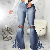 women 2021 vintage skinny flared denim pants streetwear solid cut out hole ripped jeans high waist tassels oversize trousers