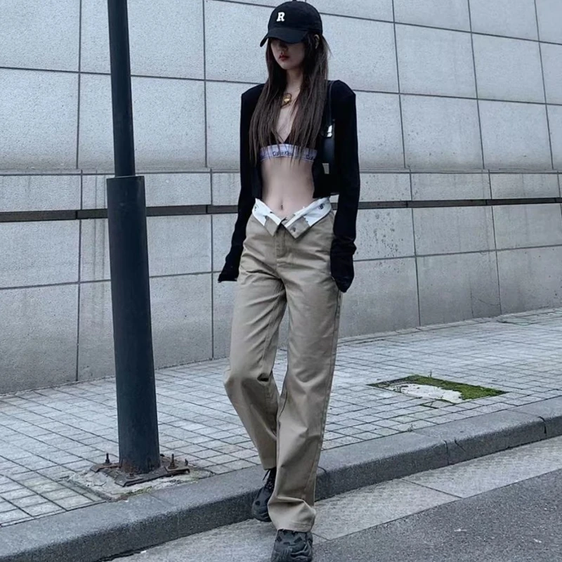 

Denim Khaki Pants High Waist Baggy Jeans Women Urban Sexy Y2K Jeans Cute Korean Pants Cuffs Streetwear Wide Leg Jeans Bananas