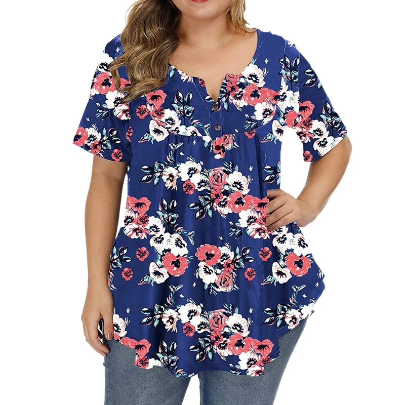 Plus Size Clothing For Women 3Xl 4Xl 5Xl Curve Plus Size Top Buttoned Pleated Floral Print Tunicas De Mujer 2022 Camiseta Mujer