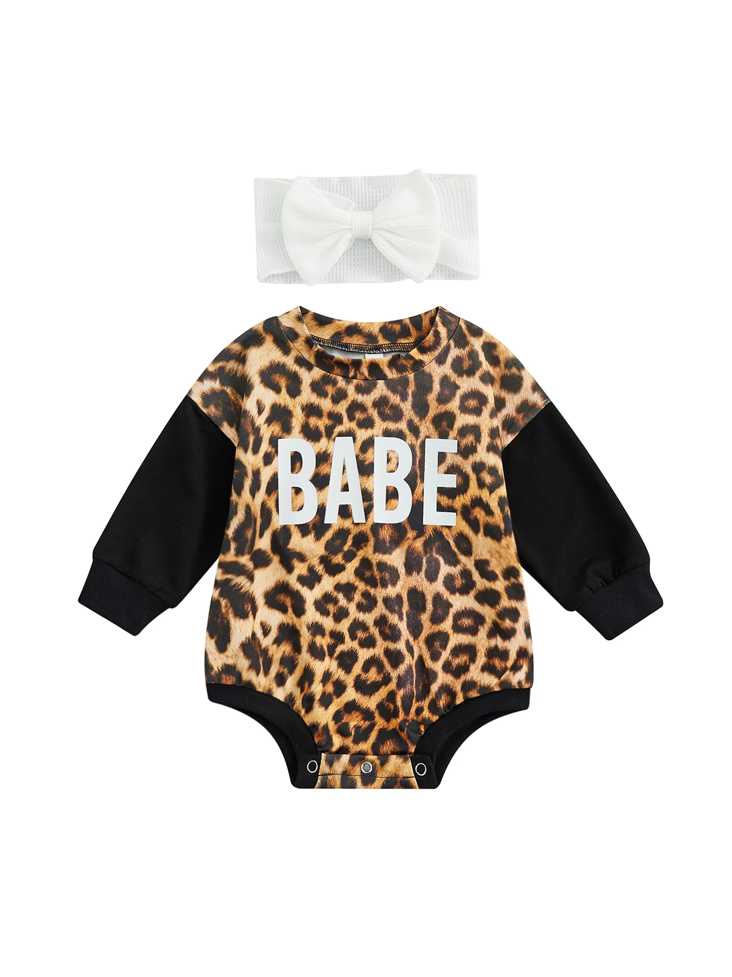 

Комбинезон для новорожденных девочек с надписью и леопардовым принтом, комбинезон с длинным рукавом и круглым вырезом, с повязкой на голову...