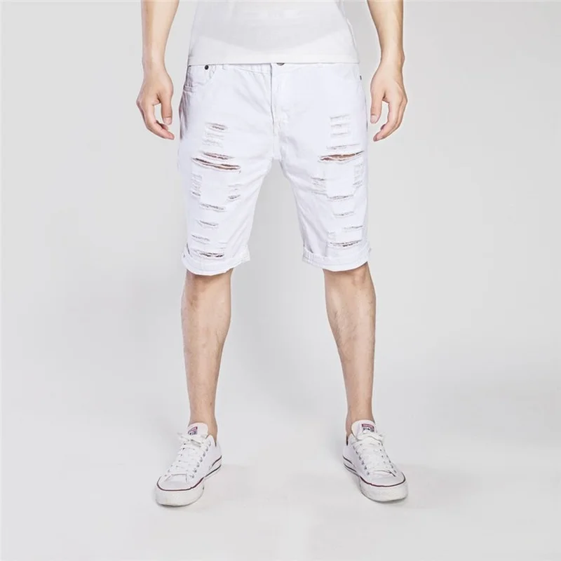 

Men Jeans Shorts Spring Summer Fashion Holes Jeans Men Mid-Waist Denim Straight Shorts Streetwear Vintage Knee Length Jeans