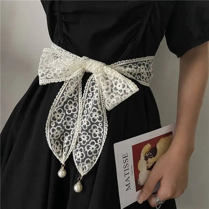 

Narrow Ribbon Black Pearl Belt Rope Hollow Girdle Tassel Belt Knot Thin Lace