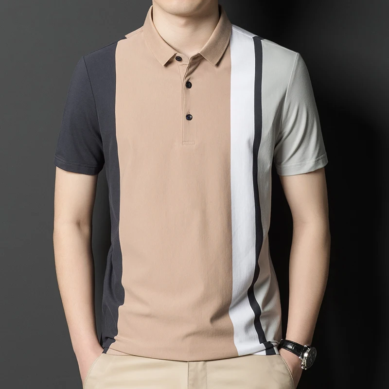

Мужская рубашка-поло с короткими рукавами, Повседневная Облегающая рубашка-поло с отложным воротником, с прострочкой контрастных цветов, л...