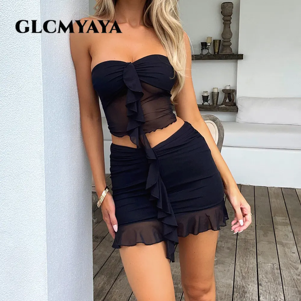 

GLCMYAYA Summer Fashion Women Strapless Mesh See Sheer Sleeveless Crop Tops Skirt Suit 2023 Backless Ruched Sexy 2 Piece Set