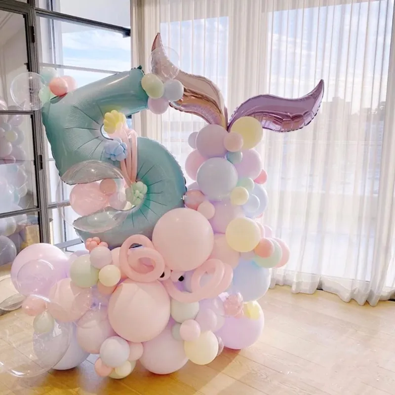 

52pcs Mermaid Tail Macaron Pink Purple Balloons 40inch Number Foil Balloon Toy Princess Girls Birthday Under The Sea Party Decor