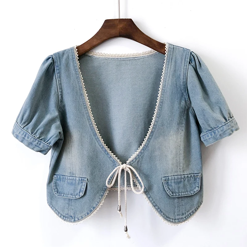 

Light Blue Short Sleeve Cardigan Denim Jacket Women Casual Cowboy Outerwear Spring Summer Thin Slim Short Jeans Jacket Female