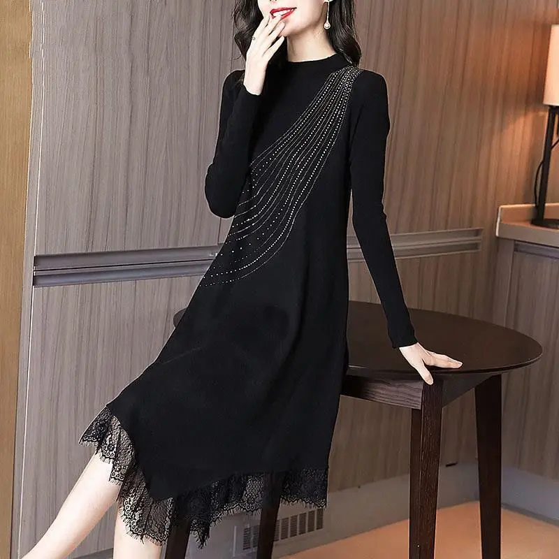 Dresses for Women 2023 Velvet Lace Half High Collar Elegant Women Vintage Dresses Spring Autumn Long Sleeve Fashion Dress K49