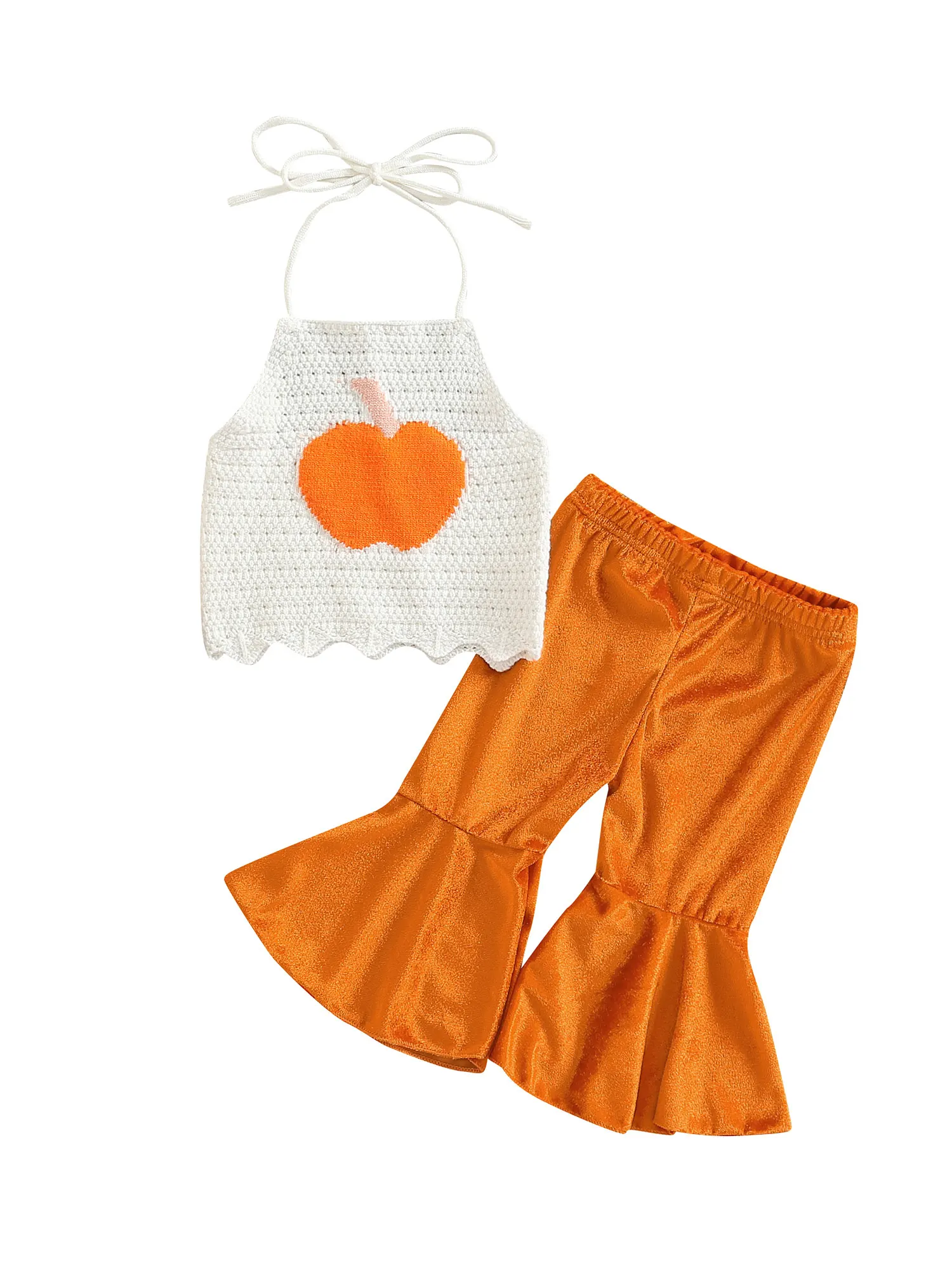

Spewahor Newborn Infant Baby Toddler Girl Sleeveless Knit Camisole Crochet Pumpkin Tank Tops with Velvet Flare Trousers