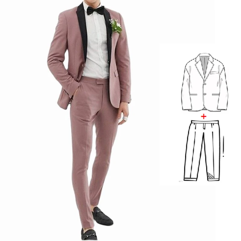2 Piece Dusty Pink Men Suit Black Shawl Lapel Prom Terno Masculino Groom Wedding Tuxedo Costume Homme Blazer Men Fashion Suits