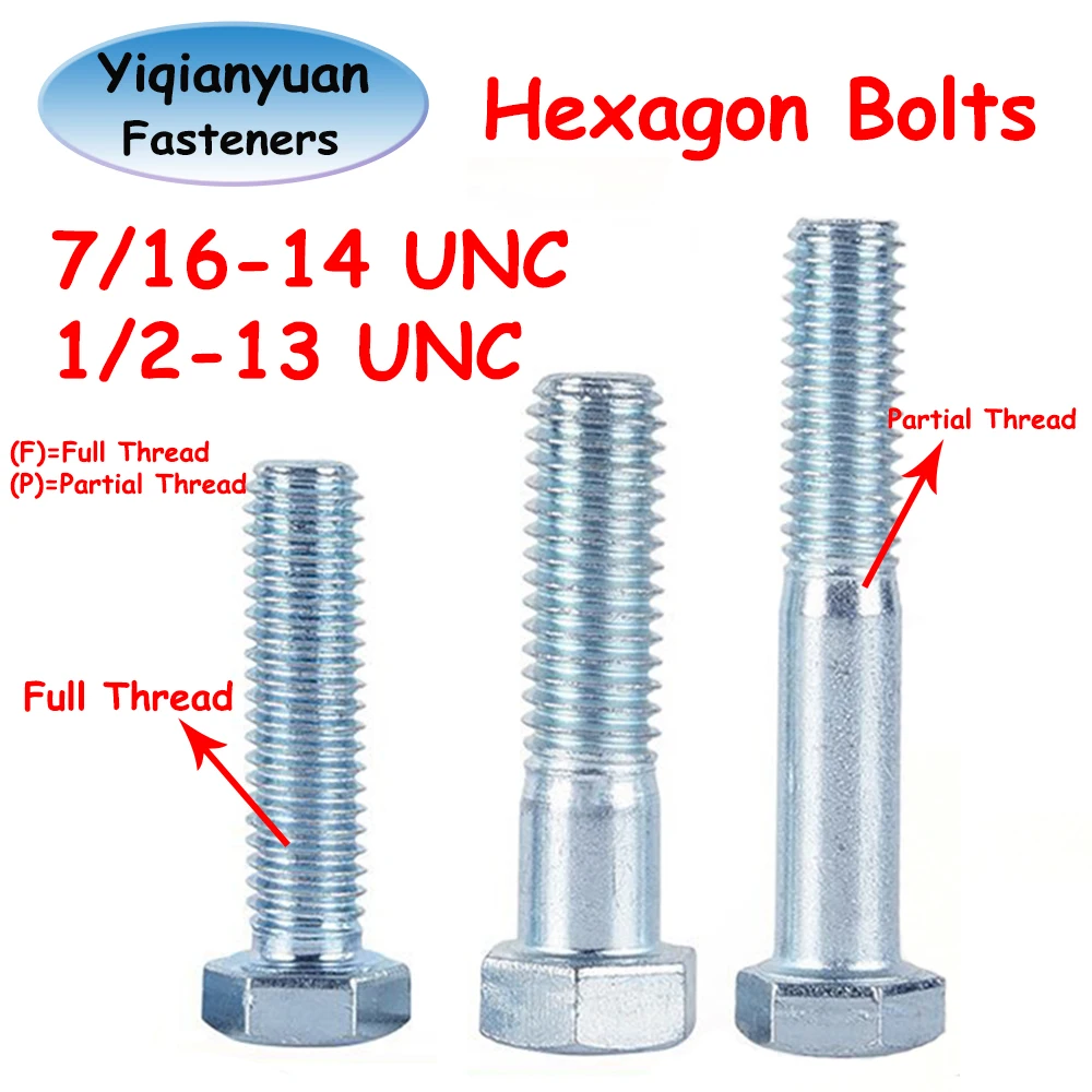 Винты с шестигранной головкой Yiqianyuan 7/16-14 1/2-13 UNC с полной и частичной резьбой, внешние оцинкованные болты с шестигранной головкой, углеродистая сталь DIN933