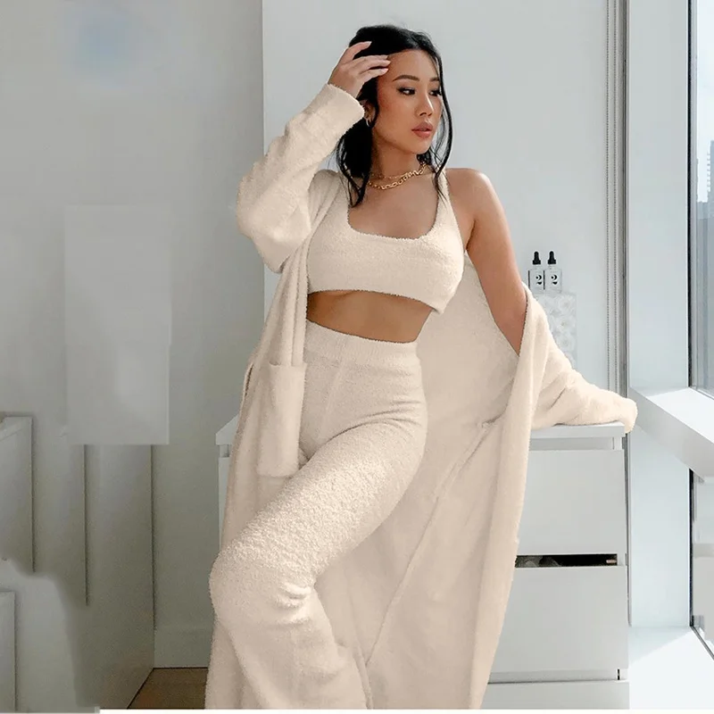 

NEW 2022 Spring Sweater Set Women Crop Top Two Piece Pants Set Oversized Cardigan Robe Knitted Coat Woman Lounge Casual Suit