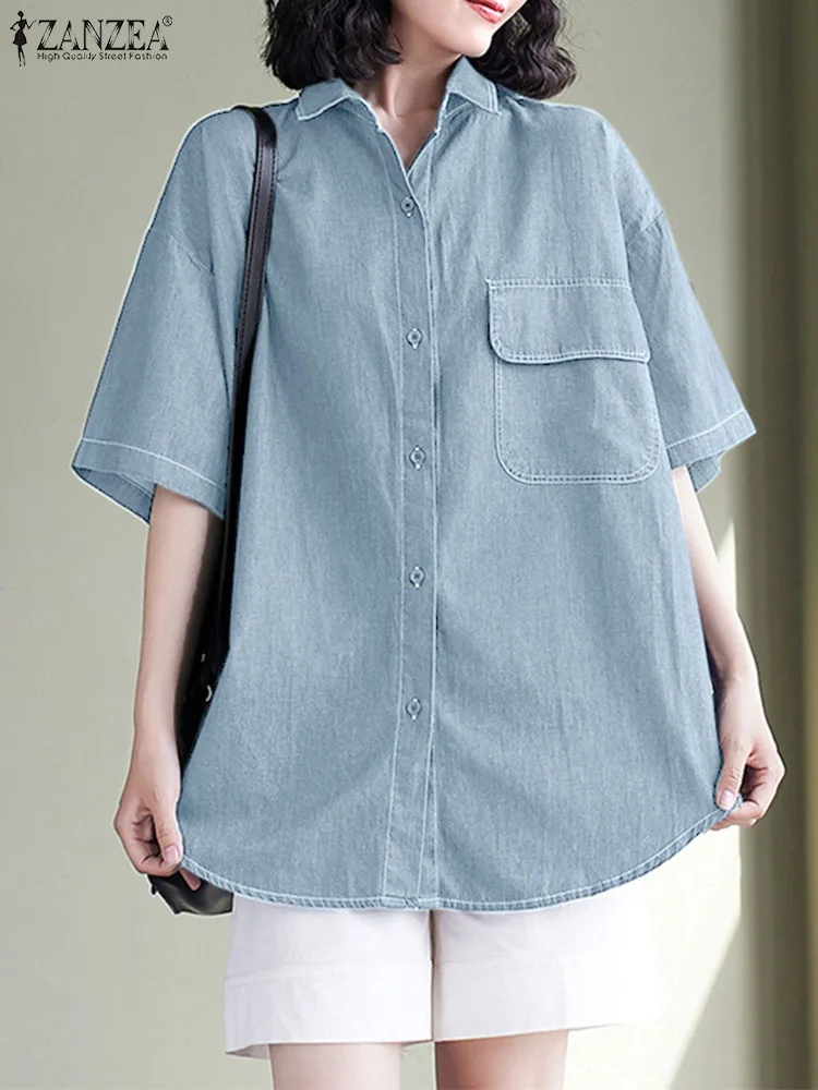 

ZANZEA Women Casual Denim Shirts Leisure Loose Short Sleeve Lapel Button Up Chemise Summer Oversized BF Style Blouses Basic Tops