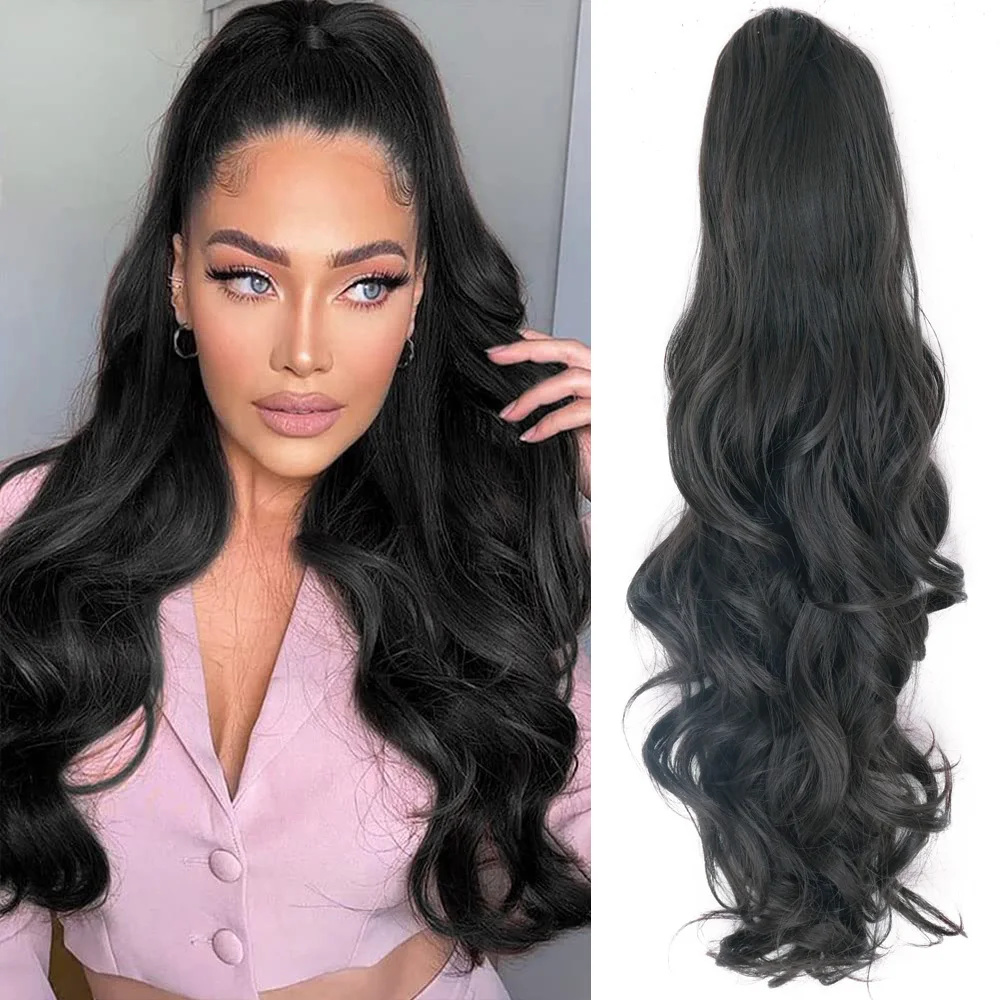 Natural Long Wavy Synthetic Ponytail Extension Heat Resistant Drawstring Ponytail Clip In Hair For Women Hairstyle Black Blonde