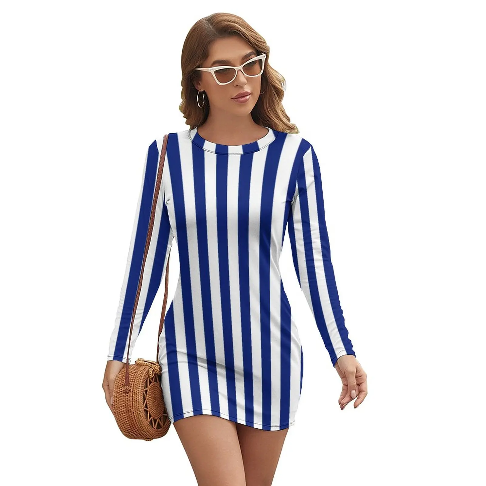 

Nautical Design Bodycon Dress Female Vertical Navy Blue Stripes Cute Dresses Holiday Long Sleeve Trendy Graphic Dress Big Size