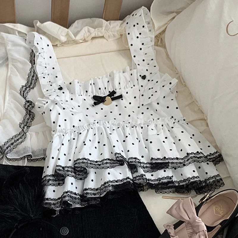 

Cute Chiffon Tank Tops Women Summer Lace Trim Bow Decoration Polka Dots Cropped for Sweet Girl Lolita Style Kawaii Clothes