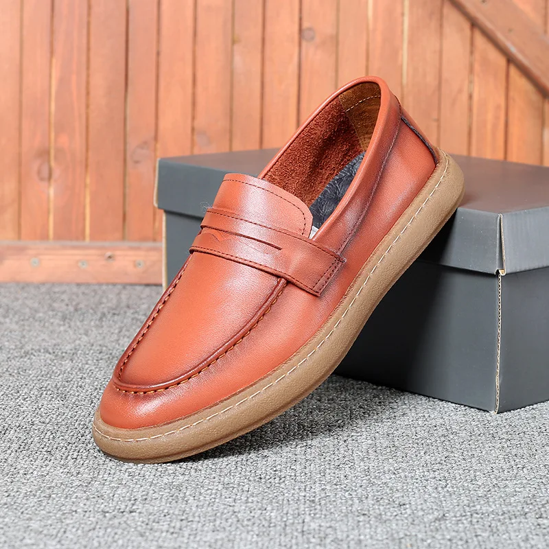 

Vintage Men's Genuine Leather Slip-on Casual Shoes Handmade Non-slip Flat Bottom Loafers Top Layer Cowhide Driving Shoes Black