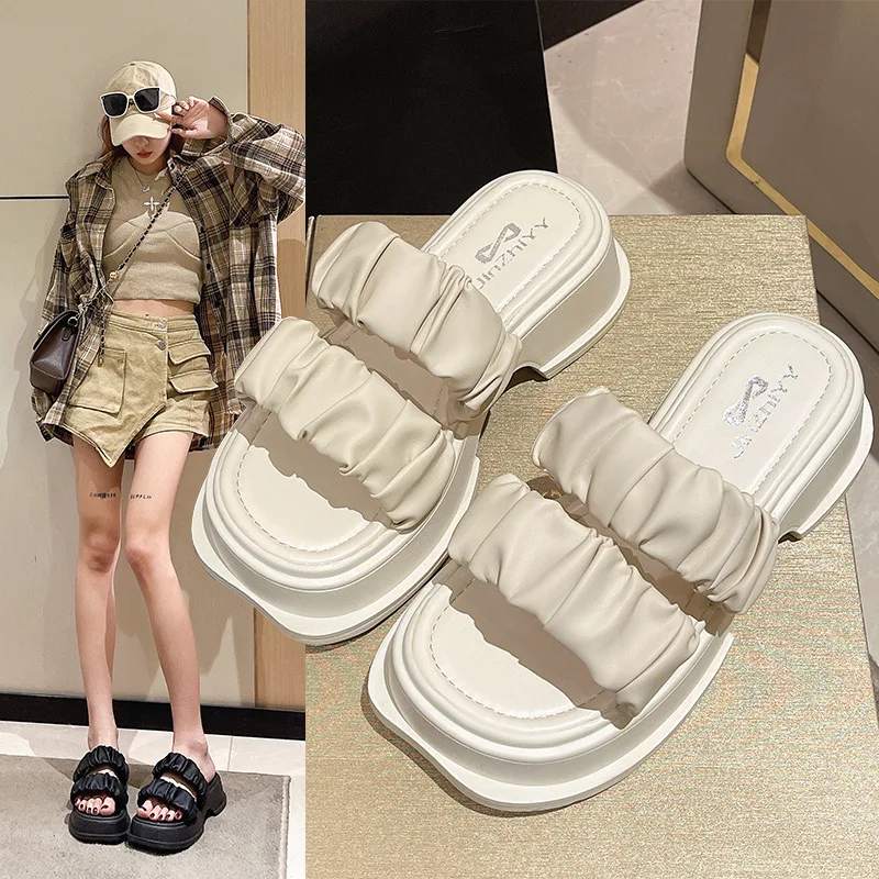 

Шлепанцы женские на низком каблуке, пляжные тапочки, роскошные сланцы, дизайнерская мягкая летняя обувь, со складками, ПЗУ, 2023