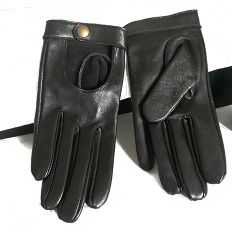 TECH GLOVES Real Leather Short Black Lambskin Sheepskin Belt with Button Closure Women Gloves Touch Screen ZP03