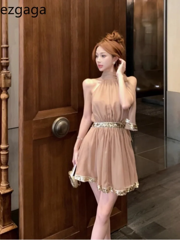 Мини-платья Ezgaga женское блестящее платье с бретелькой через шею сексуальное