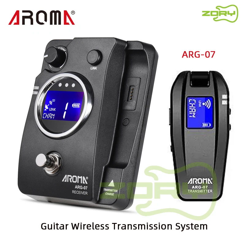 

AROMA ARG-07 Guitar Wireless Transmission System Transmisster Receiver 6.35mm Plug LCD Display 4 Channels Max. 35m Range Guitar