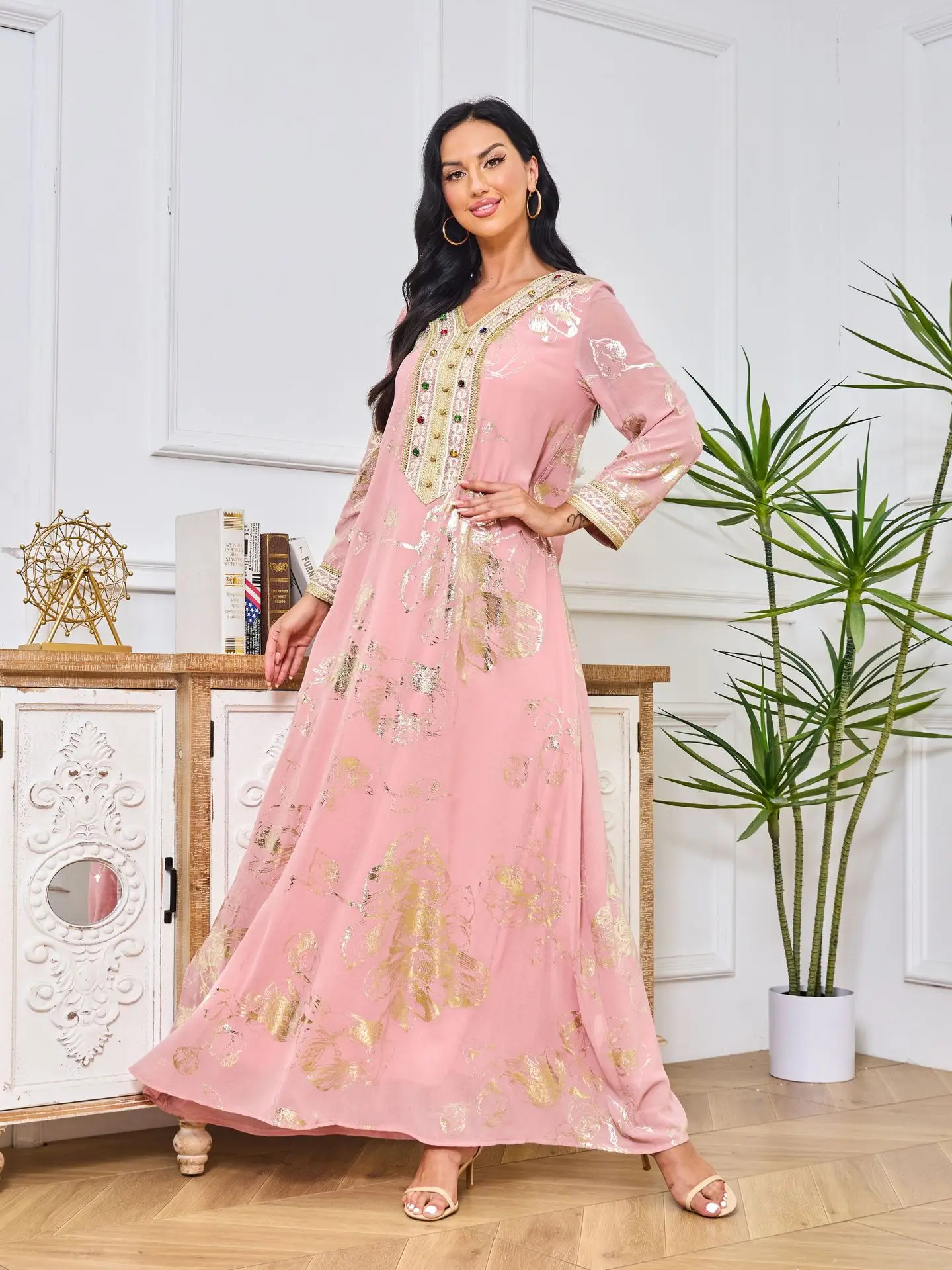 Женское платье с принтом Дубай Abaya розовое бронзовым украшенное стразами