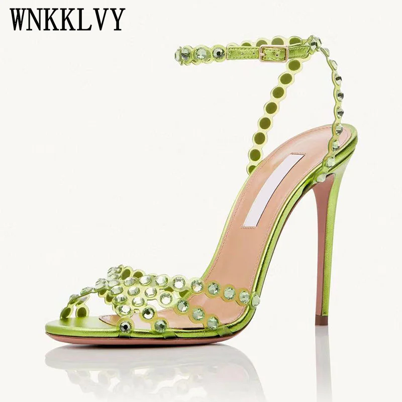 

Transparent PVC Thin High Heel Sandals Women Rhinestone Rivet Decor Ankle Strap Sandals Ladies Summer Sexy Party Fairy Shoes