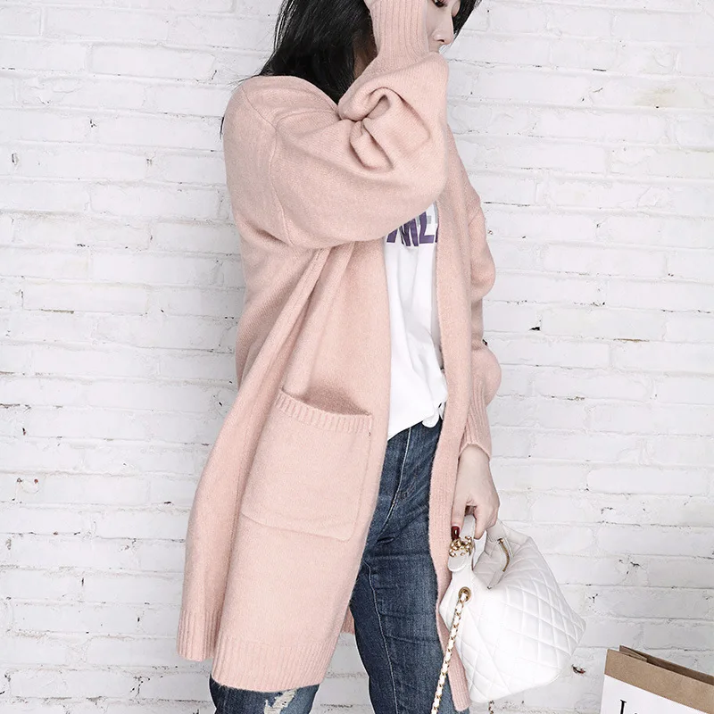 W50   Slouchy wind loose coat medium length knitted cardigan coat for women