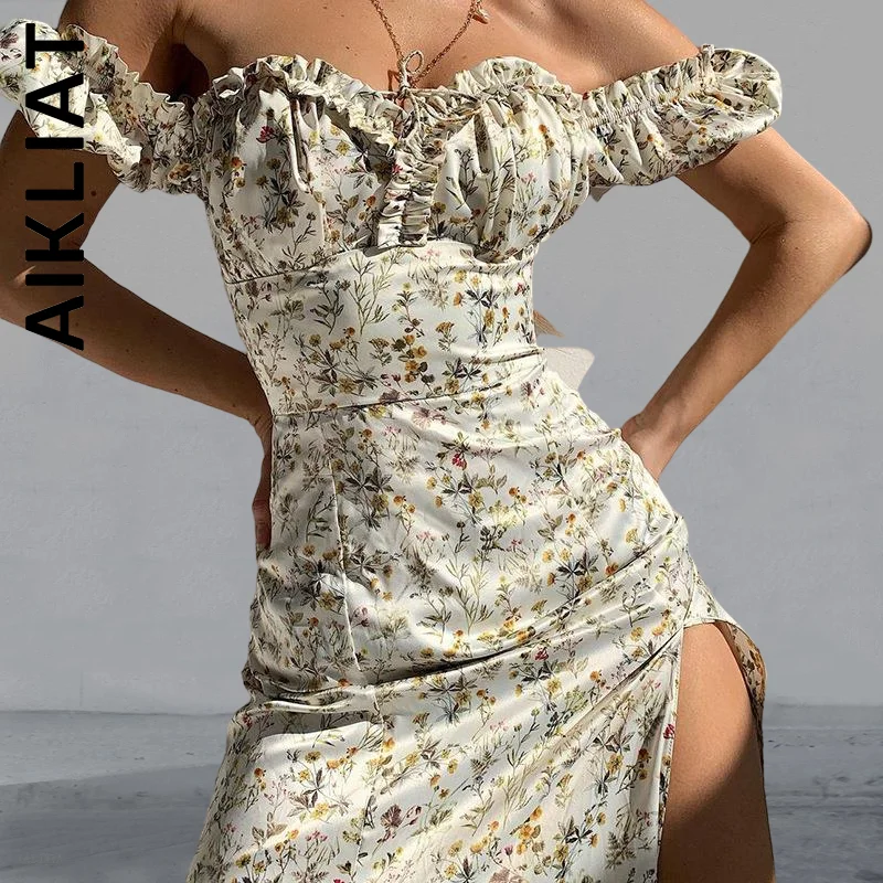 

Модное женское платье Aikliat, мягкое Цветочное платье макси с открытыми плечами и пышными рукавами, элегантное базовое платье, женская одежда