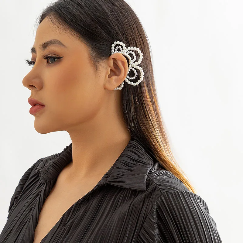 

Fashion Beaded pearl Clip earrings Flower Three-dimensional Earring Braided Single Silhouette Ear Clip Accessories Jewelry Gift