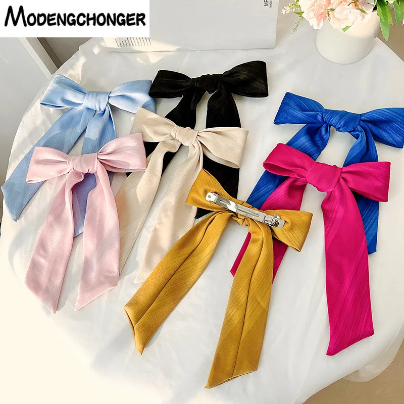 

2022 Весенняя Высококачественная Корейская однотонная заколка для волос в полоску с большим бантом, заколка для хвоста, аксессуары для волос ...