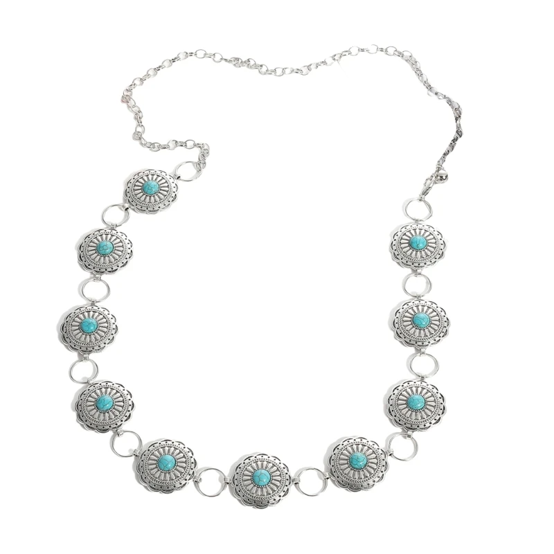 

Delicate Relief Turquoise Buckle Waist Belt Women Prom Party Dress Belt Thin Shinning Ethnic Style Adjustable Belt