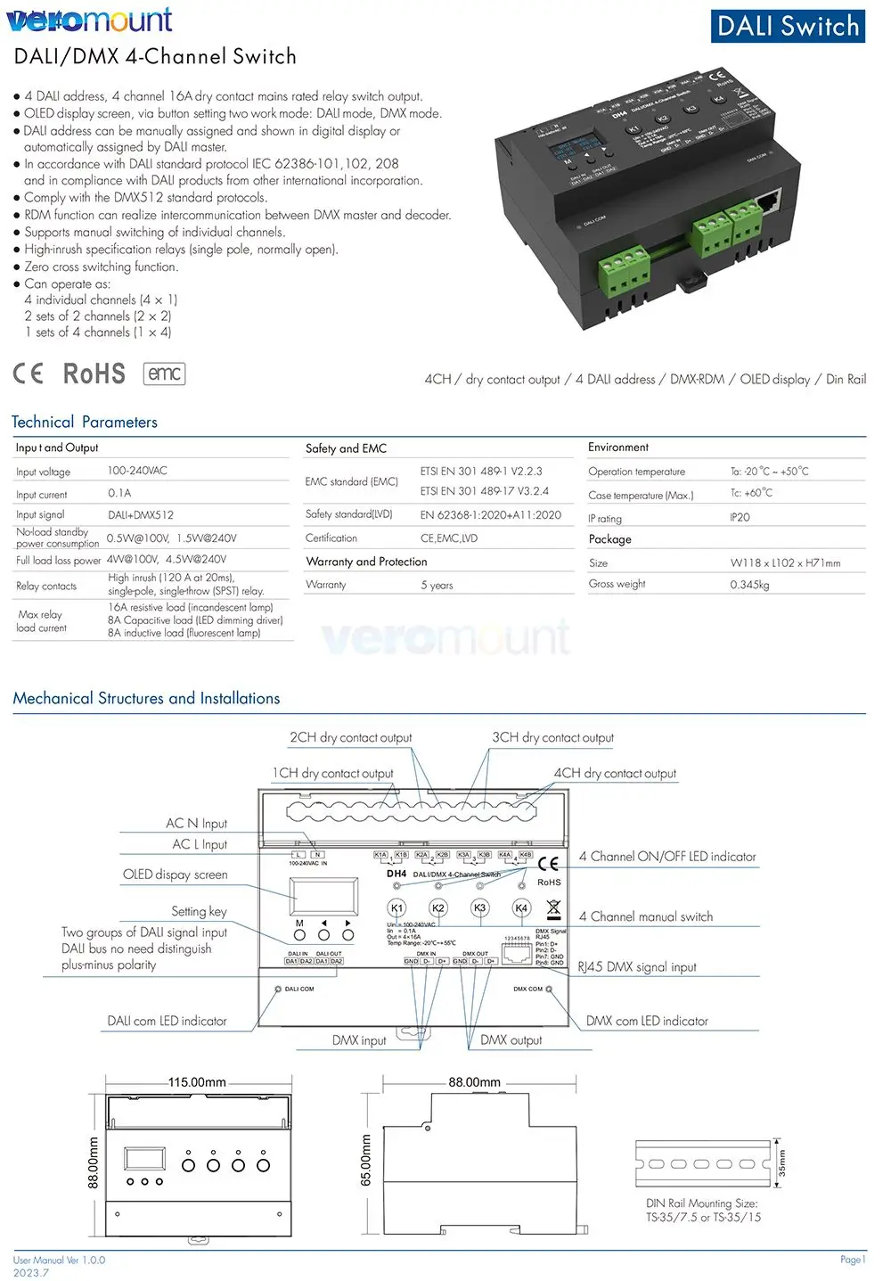 Skydance DH4 DALI DMX-переключатель OLED-дисплей Экранное реле 4 канала 16 А Выход с сухим