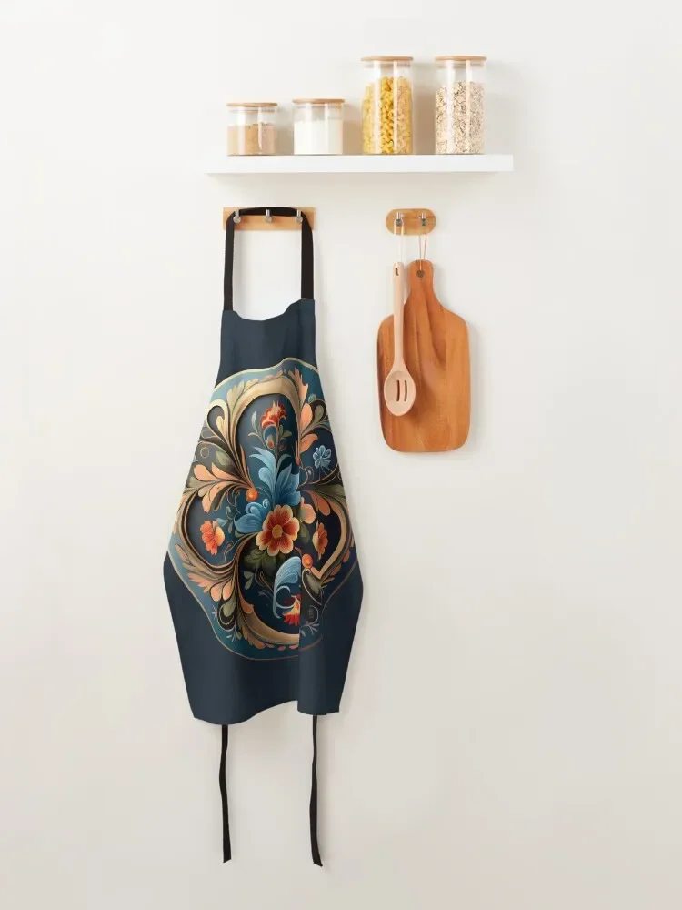 Norwegian Blue Telemark Rosemaling Apron Kitchens For Men chef costume japanese woman Kitchen Tools