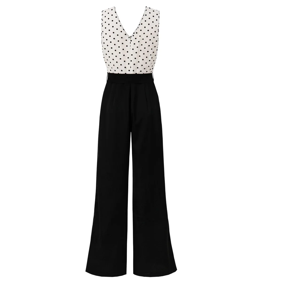 Vintage Polka Dot White and Black Mesh Shoulder Wide Leg Jumpsuit Office Lady V-neck Sleeveless Belted Elegant Jumpsuits Summer