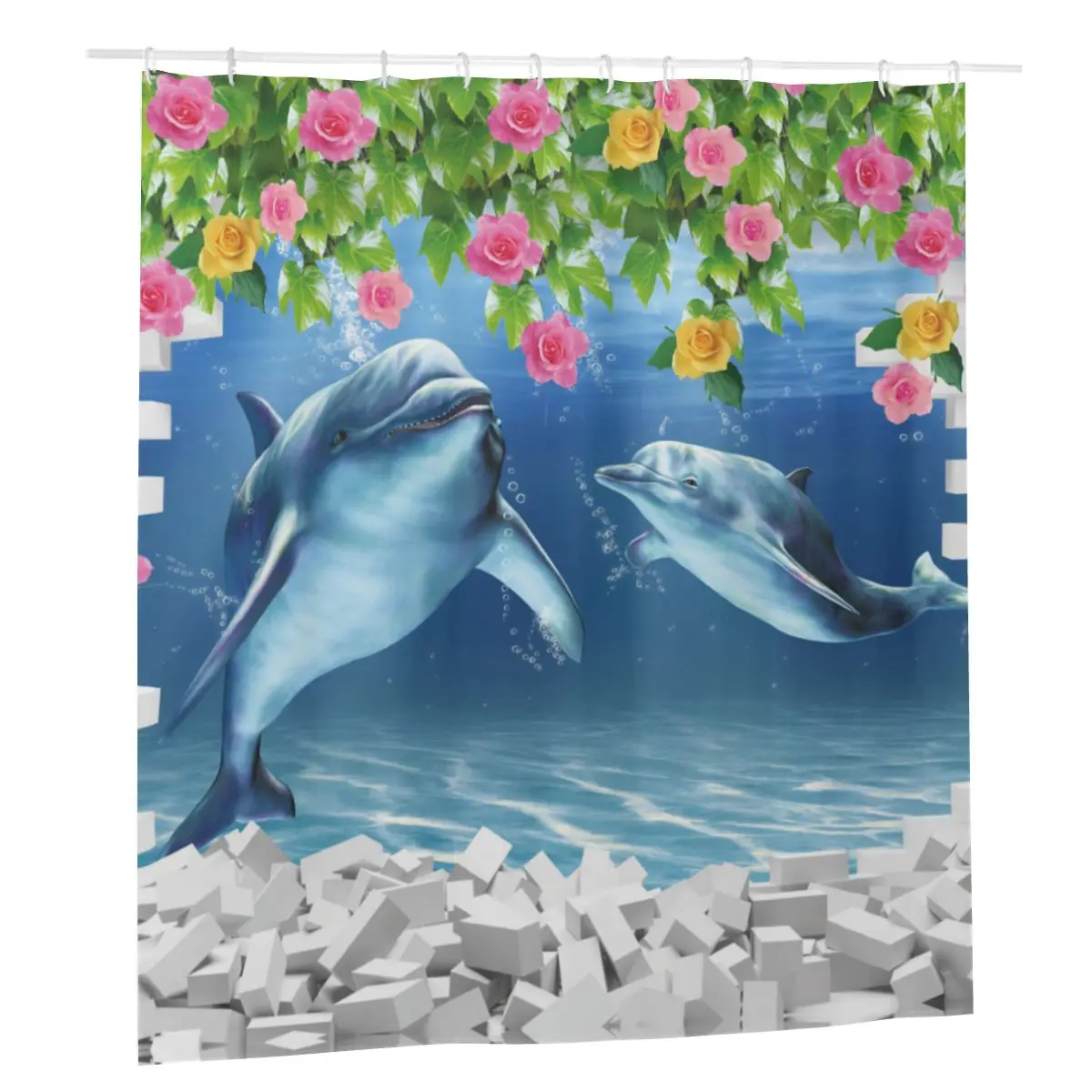 

Ocean Underwater World Cheerful Dolphin Shower Curtains Cute Animals Fish Bath Polyester Waterproof Cloth Screen with Hook set