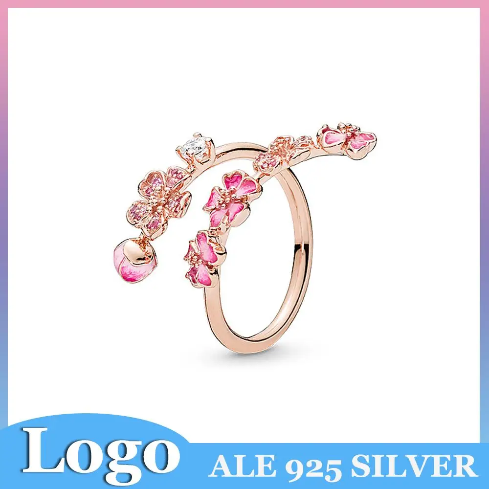 

Fits Pandora 925 Sterling Silver Pink Peach Blossom Flower Branch Open Finger Ring For Couple Women Lover Gifts Jewelry