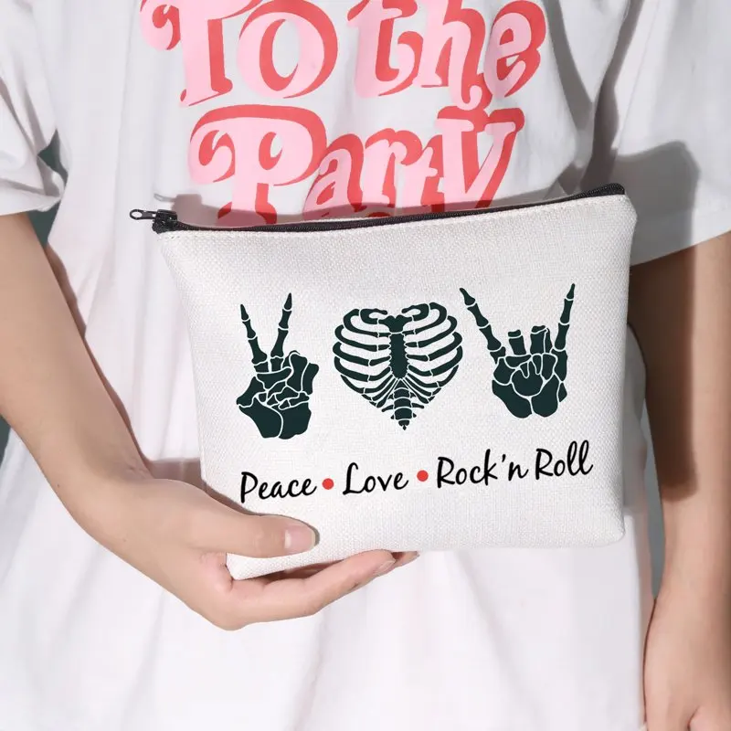

Rock and Roll Cosmetic Bag Guitar Retro 80s Hippie Hippi Gift Peace Love Rock'N Roll Makeup Zipper Pouch Bag For Friend Family