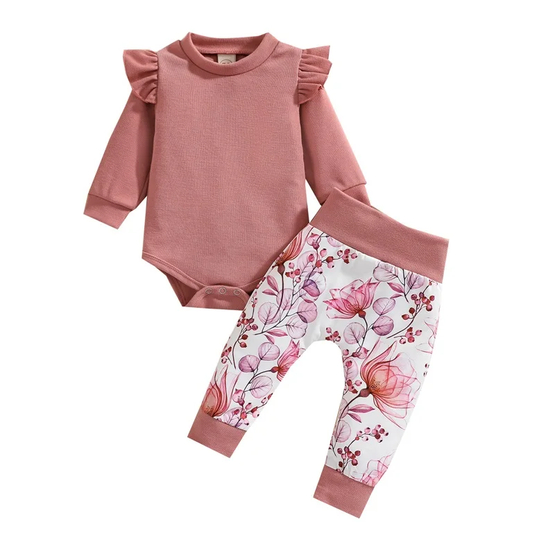 

baby winter clothes for girls 2Pcs Fall Outfits Long Sleeve Solid Color Ruffle Romper + Floral Trousers Infant Clothing