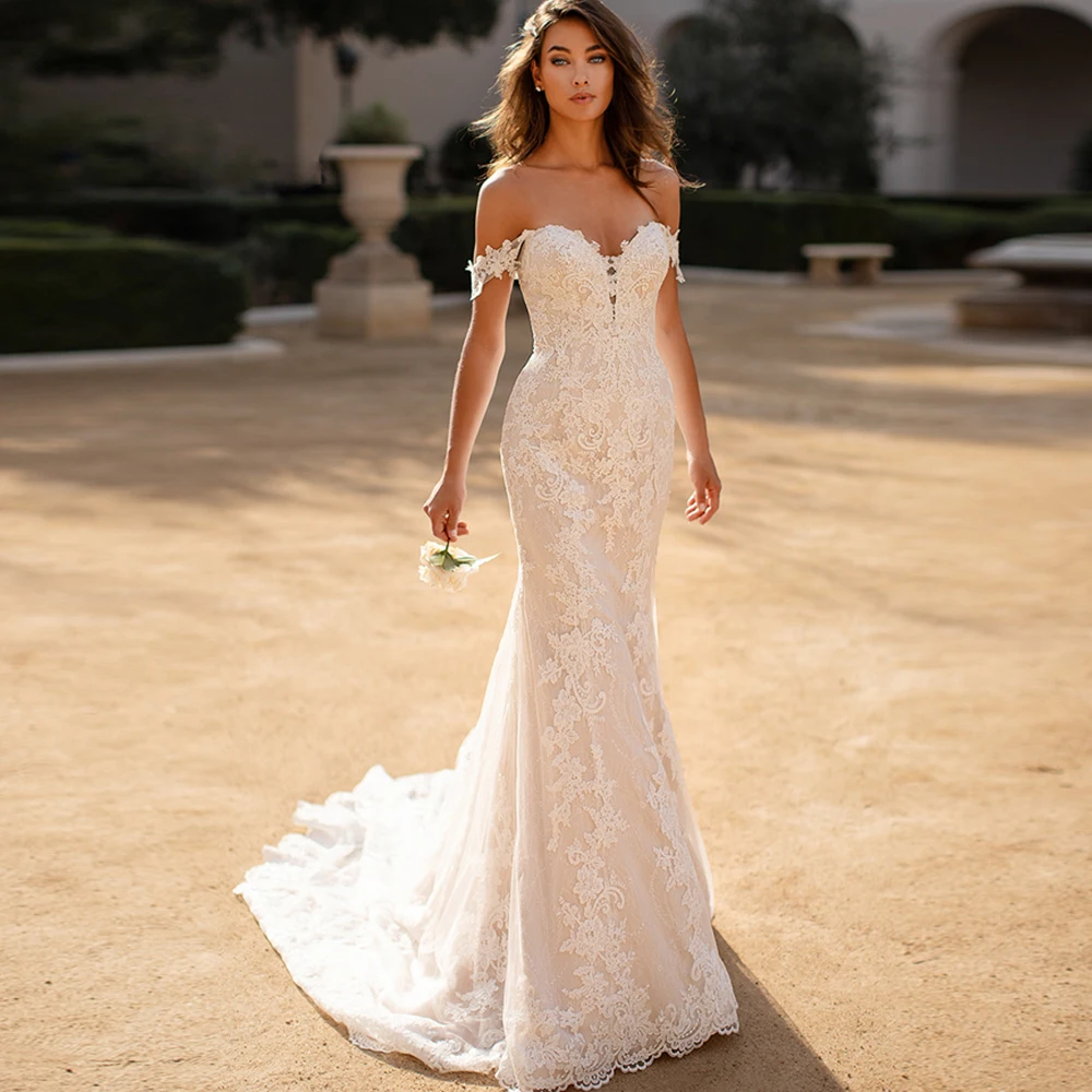 

Соблазнительные свадебные платья, новинка 2022, кружевное платье без рукавов с открытыми плечами, с юбкой-годе, Простые Свадебные платья с апп...