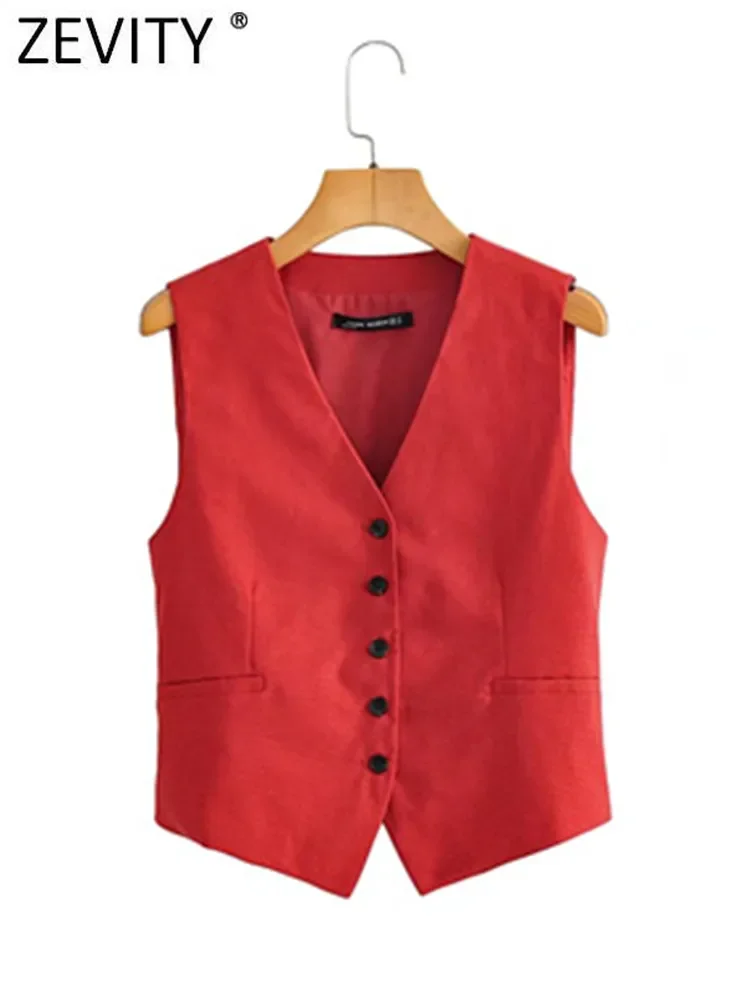 

Zevity Women Vintage Single Breasted Linen Short Vest Jacket Ladies Sleeveless Slim WaistCoat Tops CT1118