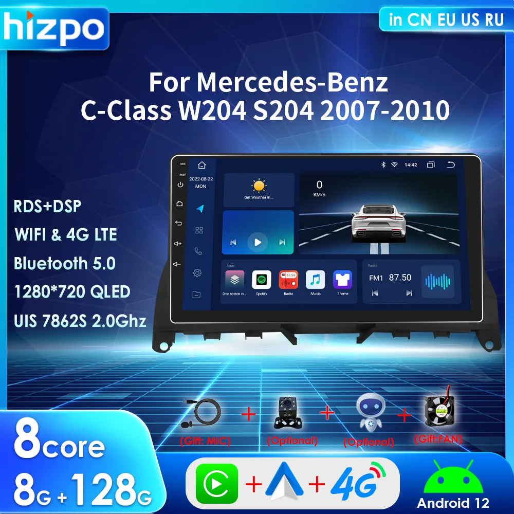 Hizpo 9" Radio 2 Din Android 12 Carplay for Mercedes Benz W204 S204 Car Multimedia Player 4G GPS Navigation Stereo SWC BT RDS FM